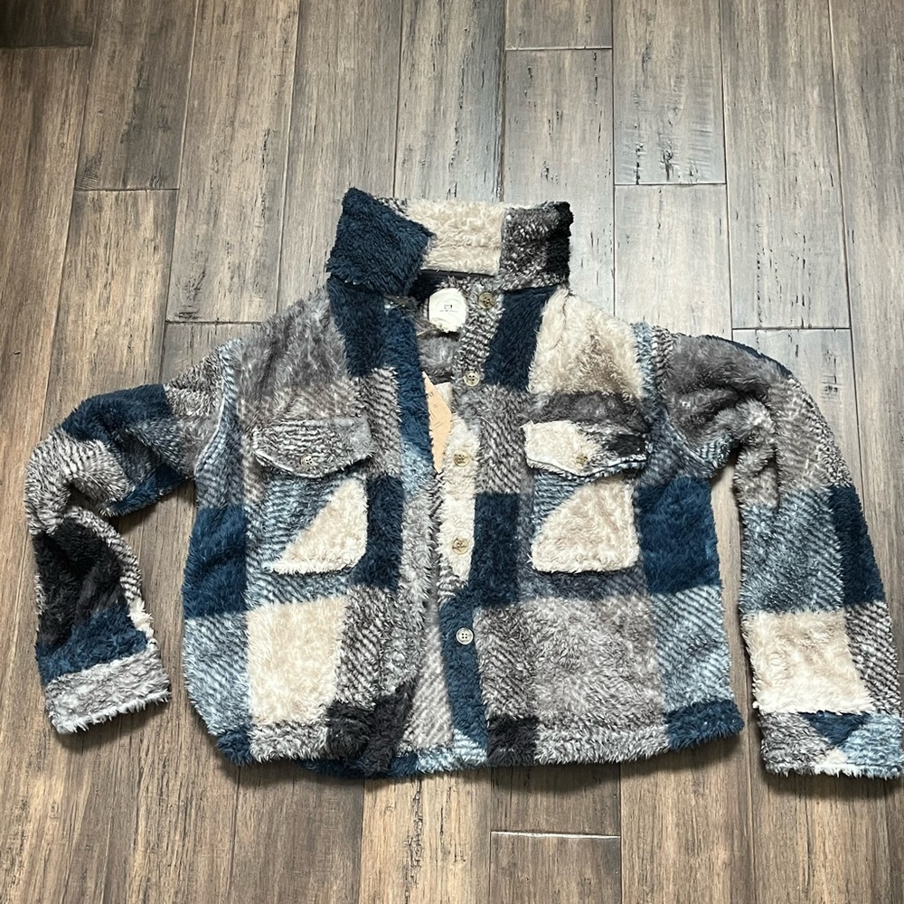 Thread & Supply Plaid Teddy Jacket - Blue, Gray, Cream Ladies Medium